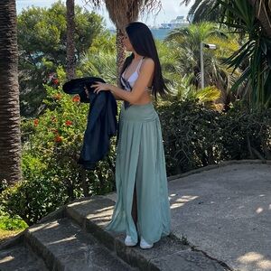 Seafoam Blue Green Maxi Ruched skirt with ties and thigh split